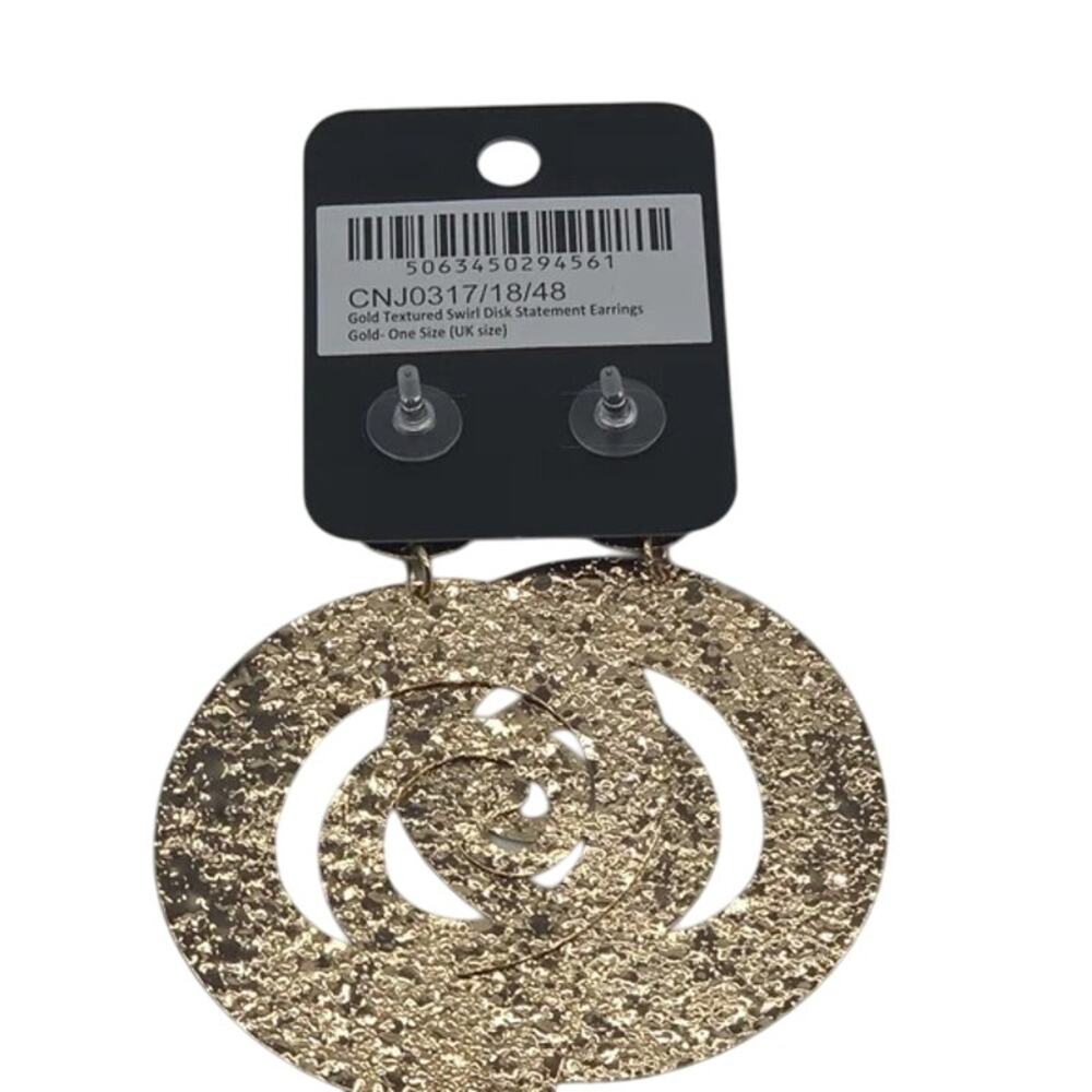 NWT PrettyLittleThing Gold Textured Swirl Disk Statement Earrings Drop Dangle - Picture 15 of 16